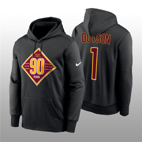 Men's Washington Commanders #1 Jahan Dotson Black 90th Anniversary Performance Pullover Hoodie - Click Image to Close